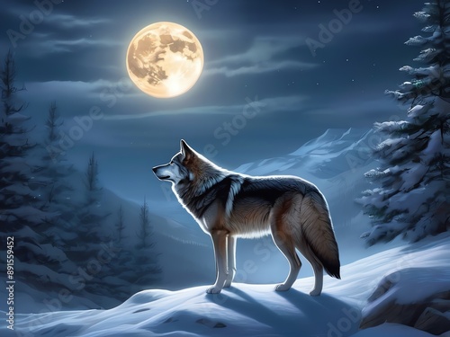 An illustration of a lone wolf howling at the full moon cloudy sky