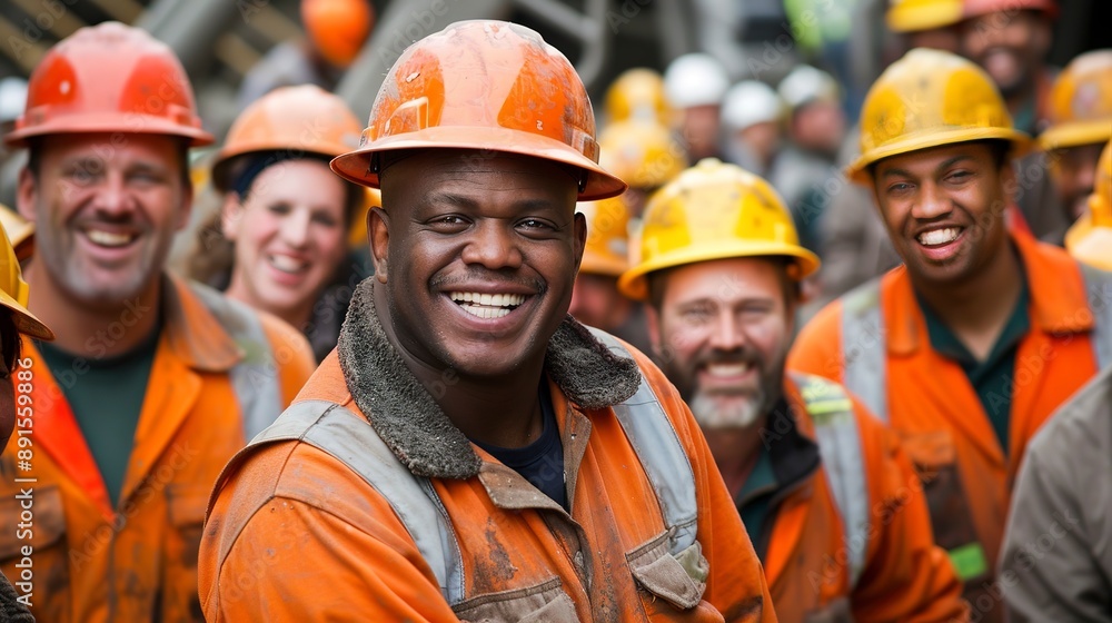 A group of smiling construction workers wearing uniforms A group of smiling construction workers wearing uniforms