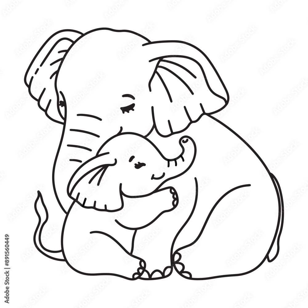 Line art of baby elephant hug mother elephant cartoon vector Line art of baby elephant hug mother elephant cartoon vector