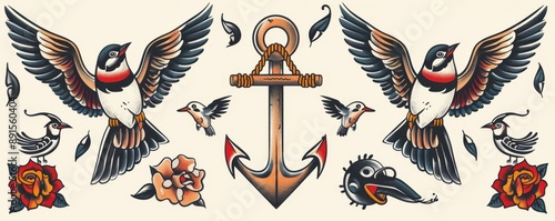 Traditional Tattoo Flash Birds, Anchor, and Roses, traditional tattoo, flash art, tattoo design, old school tattoo