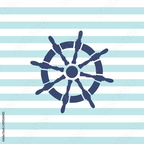 Sailing ship wheel  on navy white and blue background