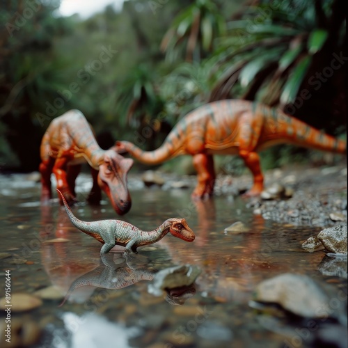 Iguanodon family interacting near a river, picturesque and lifelike, [Dinosaur], [Dinosaur Social Behavior] photo