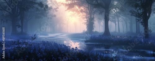 A misty morning in a serene bluebell forest.