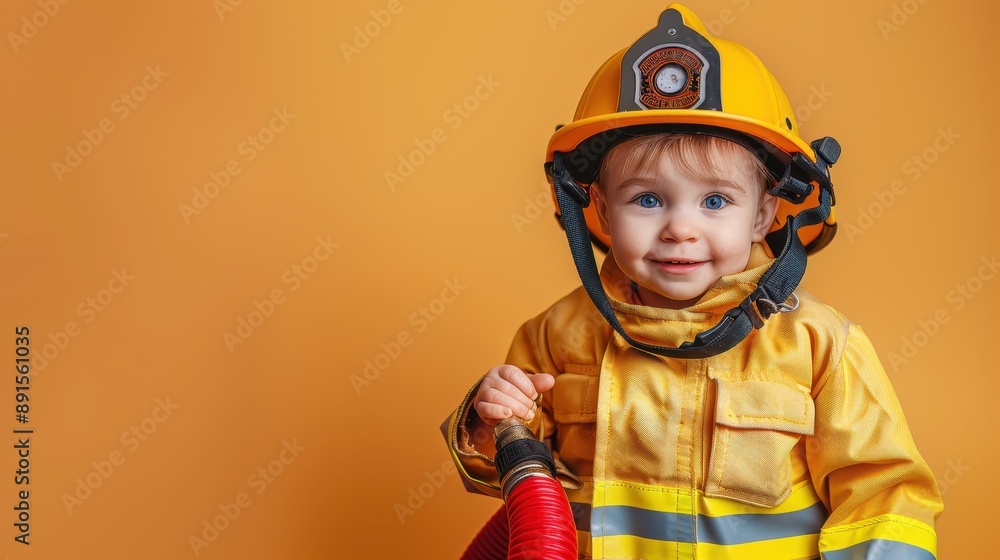 A young child in a yellow fireman's outfit is holding a hose A young child in a yellow fireman's outfit is holding a hose