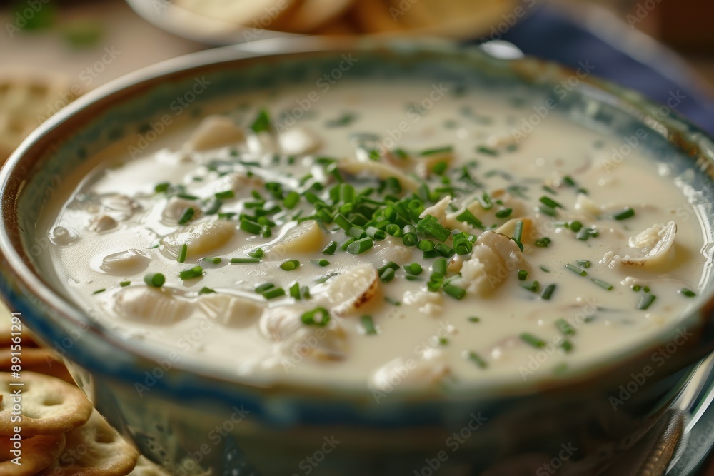 A bowl of creamy clam chowder, topped with freshly chopped chives and accompanied by oyster crackers. A bowl of creamy clam chowder, topped with freshly chopped chives and accompanied by oyster crackers.