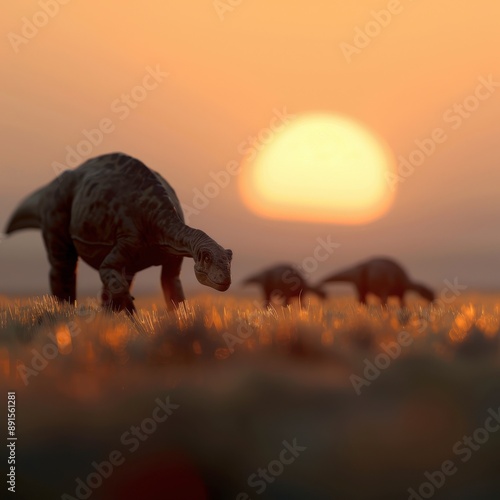 Microceratus family walking through tall grasses at sunset, incredibly lifelike, [Dinosaur], [Cretaceous Scenery] photo