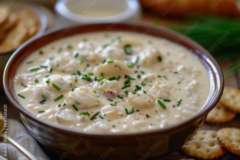 A bowl of creamy clam chowder, topped with freshly chopped chives and accompanied by oyster crackers. A bowl of creamy clam chowder, topped with freshly chopped chives and accompanied by oyster crackers.