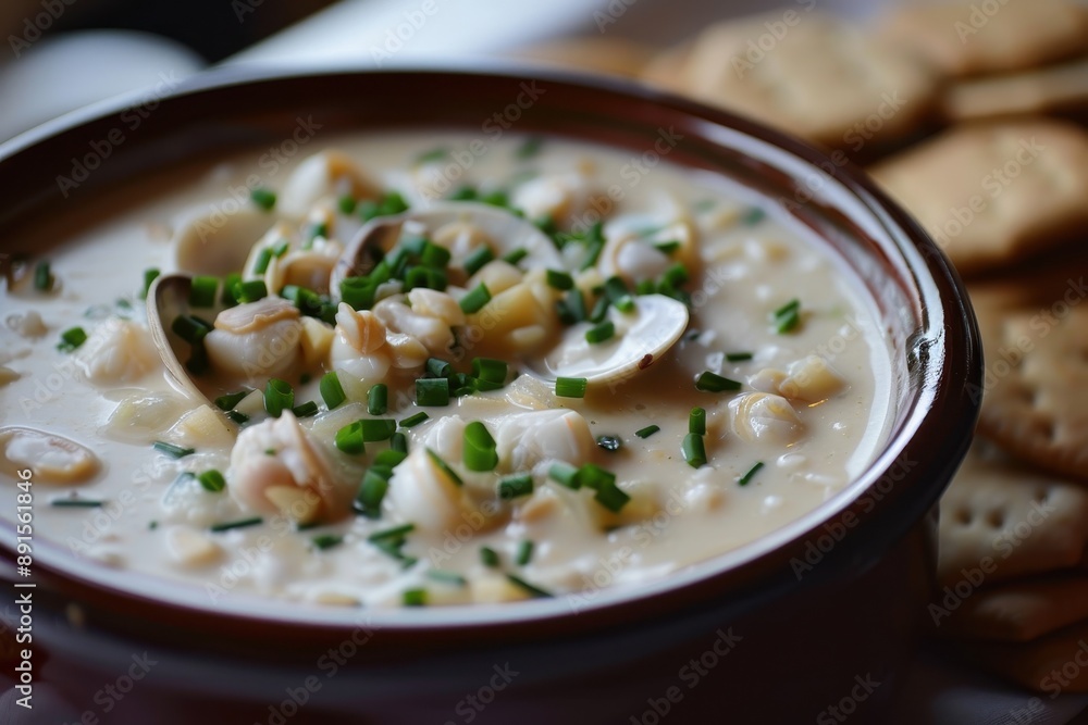 A bowl of creamy clam chowder, topped with freshly chopped chives and accompanied by oyster crackers. A bowl of creamy clam chowder, topped with freshly chopped chives and accompanied by oyster crackers.