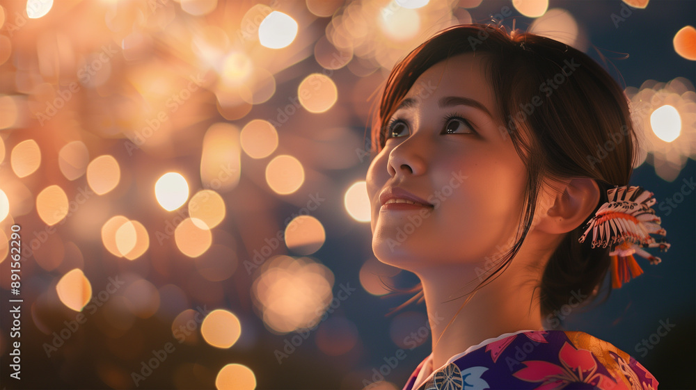 打ち上げ花火を見上げる若い日本人女性 打ち上げ花火を見上げる若い日本人女性