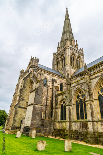 A view looking up at the spire of Chichester Cathedral in the center of Chichester, Sussex in summertime