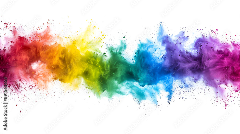 An explosion of colored powder resembling a rainbow is creating a vibrant pattern on a white background, showcasing shades of pink, violet, magenta, and more in an artistic display An explosion of colored powder resembling a rainbow is creating a vibrant pattern on a white background, showcasing shades of pink, violet, magenta, and more in an artistic display