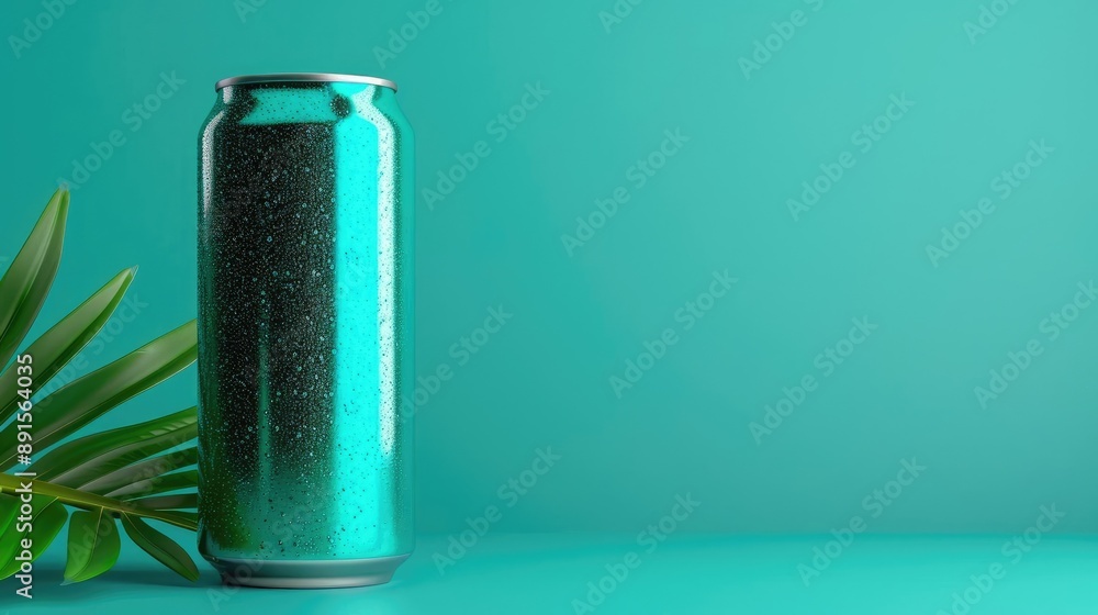 A reflective teal beverage can and green leaf against corresponding background, capturing simplicity, elegance. Suitable for various design purposes. A reflective teal beverage can and green leaf against corresponding background, capturing simplicity, elegance. Suitable for various design purposes.