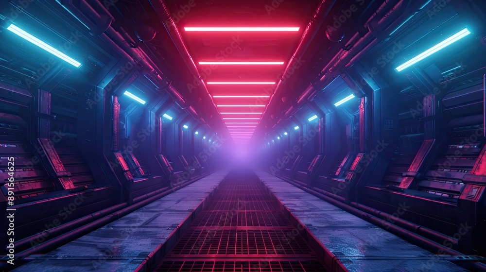 Futuristic neon-lit corridor with blue and red lights leading to a bright light at the end, creating a cyberpunk atmosphere. Futuristic neon-lit corridor with blue and red lights leading to a bright light at the end, creating a cyberpunk atmosphere.