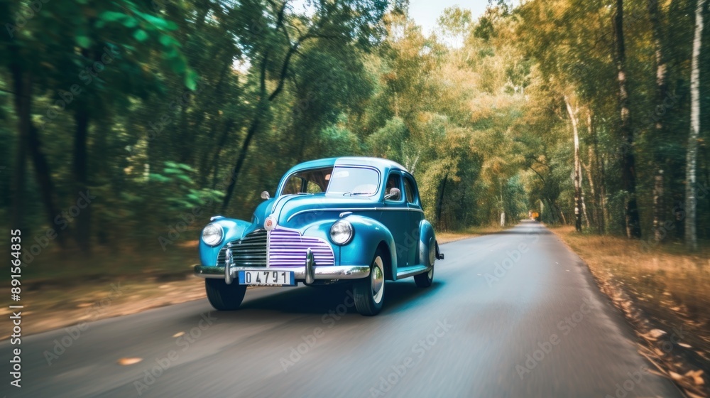 Classic Car Driving Through a Forest Classic Car Driving Through a Forest