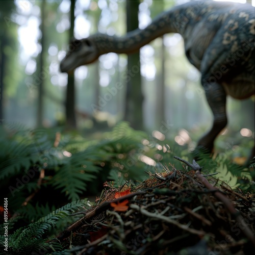 Maiasaura tending to its nest in a forest clearing, beautifully realistic, [Dinosaur], [Dinosaur Parenting] photo