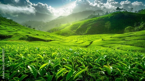 A high-quality photo featuring a green tea field, suitable for use as a background or banner.