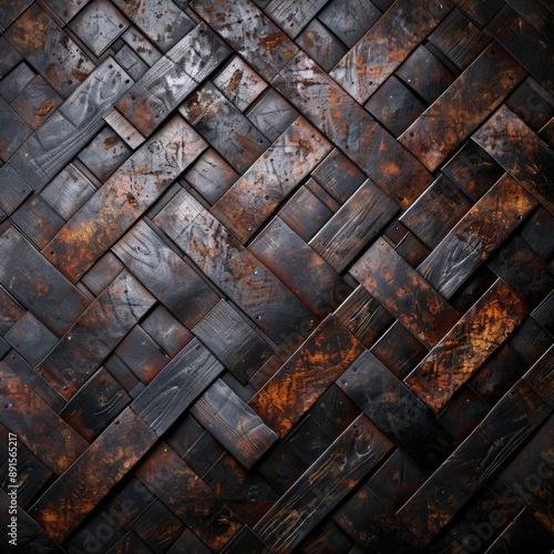 Abstract woven wood background with a dark, rustic and textured pattern.