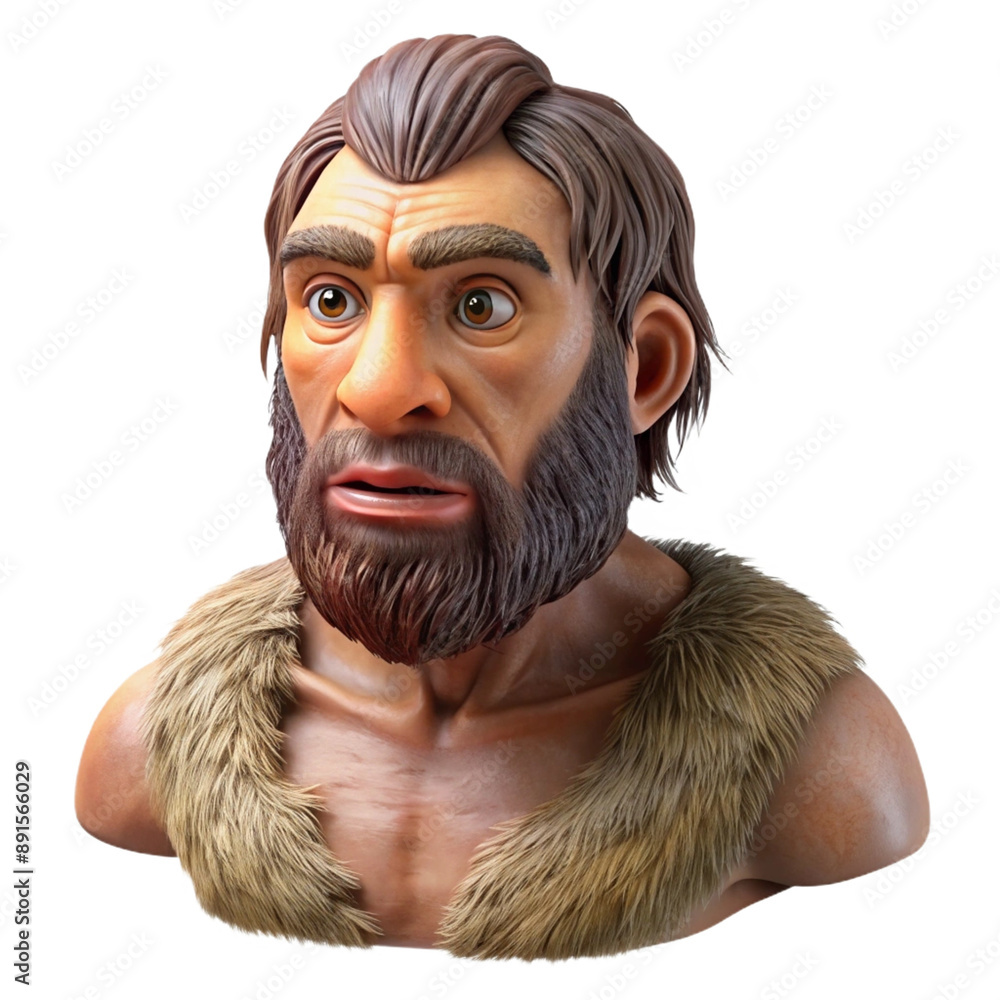 Fototapeta premium Digital rendering of a Neanderthal man with robust build, thick beard, and fur clothing, symbolizing Stone Age life