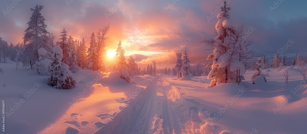 Snow Covered Pine Trees at Sunset in the Mountains Snow Covered Pine Trees at Sunset in the Mountains