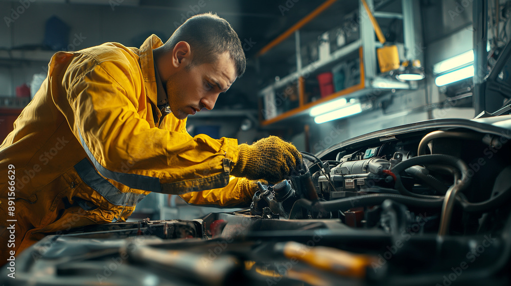 Dedicated mechanic repairing a car engine in a workshop Dedicated mechanic repairing a car engine in a workshop