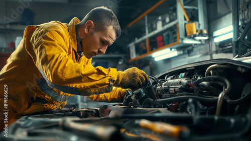 Dedicated mechanic repairing a car engine in a workshop