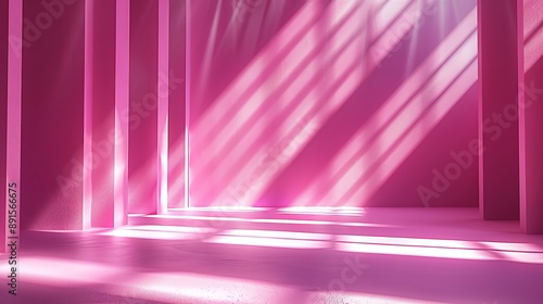 This is a 3D rendering of a pink room with a staircase. The room is lit by a large window on the right side of the image.
