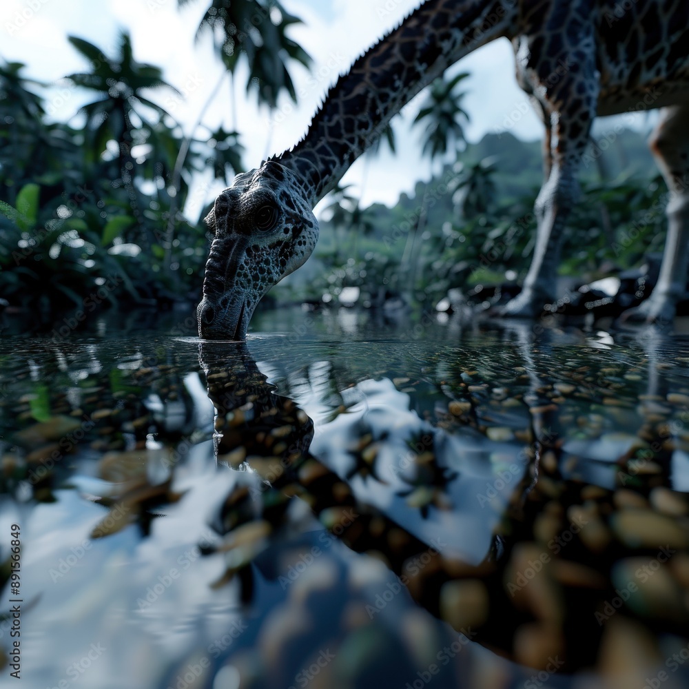 Fototapeta premium Camarasaurus drinking from a river with lush surroundings, stunningly lifelike, [Dinosaur], [Jurassic Hydration]