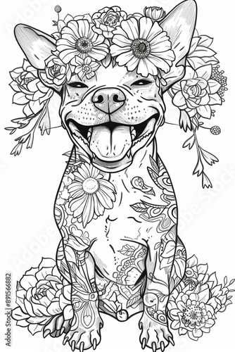 Kids colouring book page Adorable black and white illustration of a cartoon dog exuding charm and sweetness.	