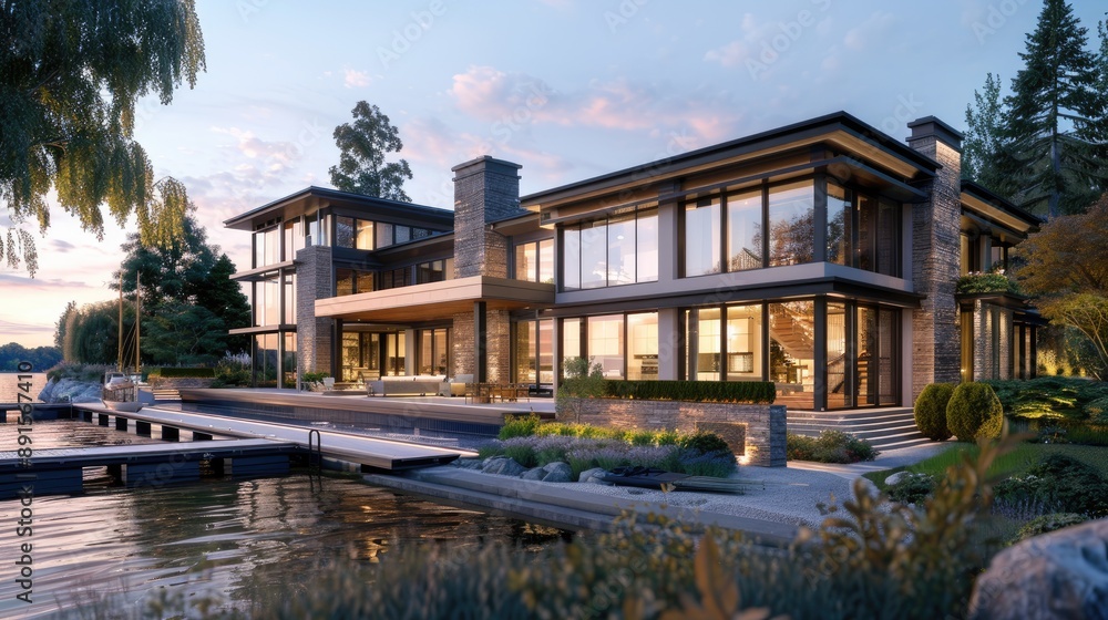 A grand lakeside property with a modern architectural style A grand lakeside property with a modern architectural style