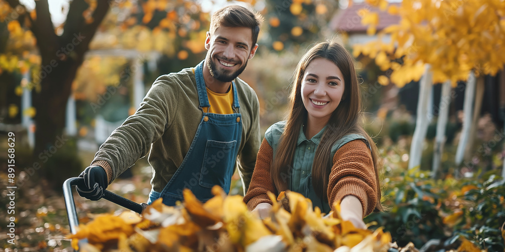 A couple laughs together while gathering autumn leaves in a park on a sunny fall day. A couple laughs together while gathering autumn leaves in a park on a sunny fall day.