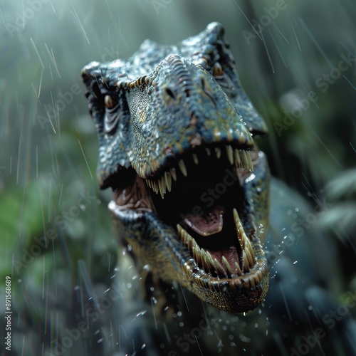 Herrerasaurus hunting in a rain-drenched forest, dynamic and realistic, [Dinosaur], [Triassic Predators] photo