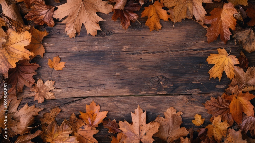 Obraz premium Frame of autumn leaves with wood background. AI generative.