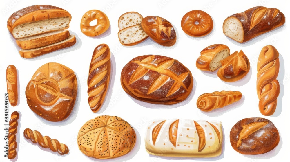 Bread roll bakery variety high angle panorama banner cutout on white Bread roll bakery variety high angle panorama banner cutout on white