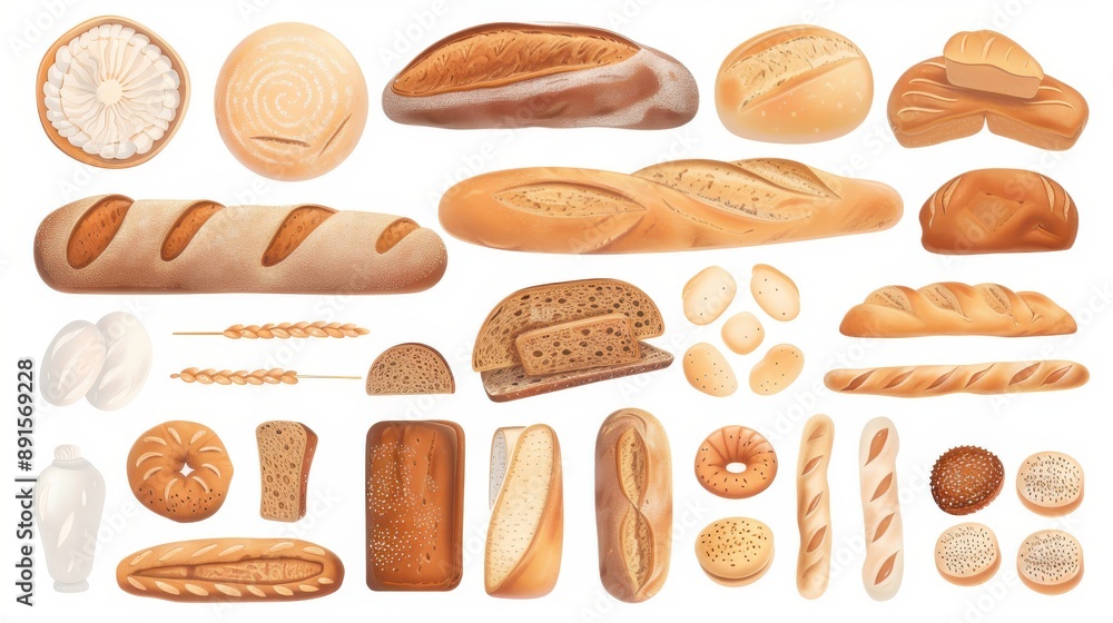 Bread roll bakery variety high angle panorama banner cutout on white Bread roll bakery variety high angle panorama banner cutout on white
