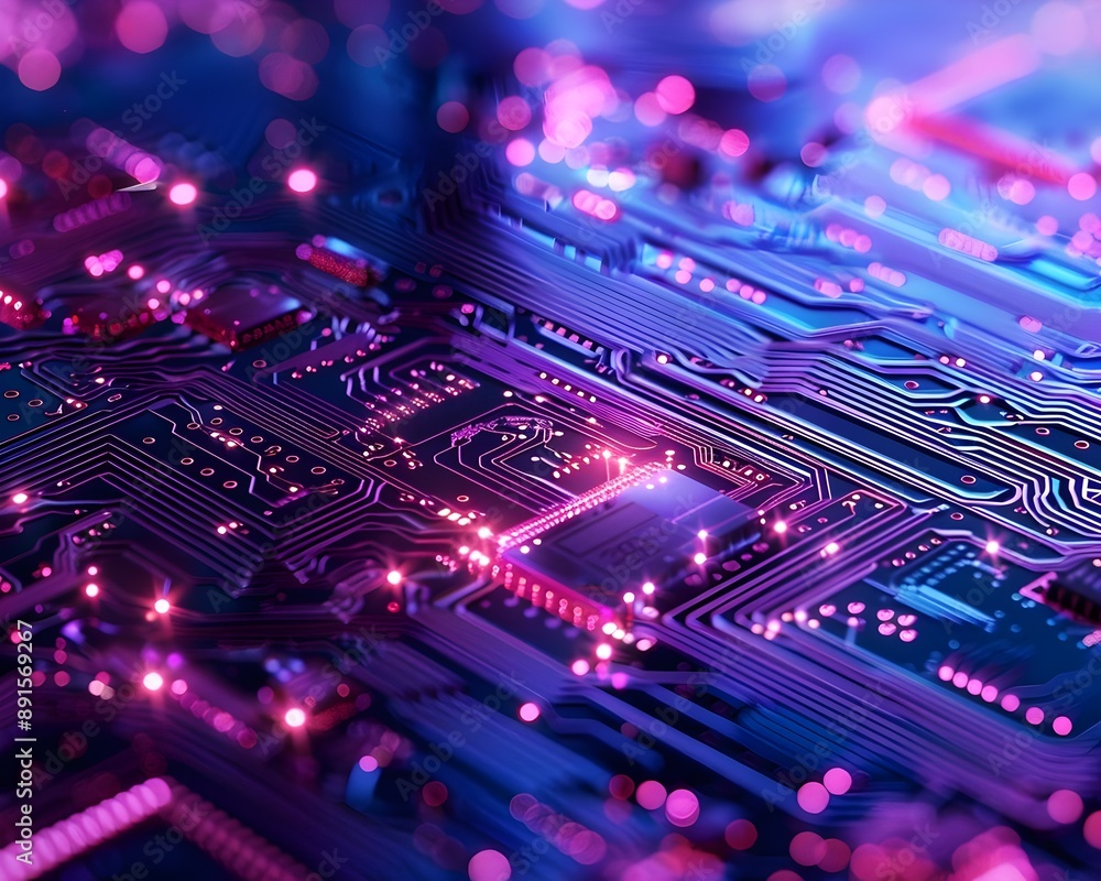High-Tech Circuit Board Technology Neon Lights Microchips Electronic Innovations. AI Generated High-Tech Circuit Board Technology Neon Lights Microchips Electronic Innovations. AI Generated