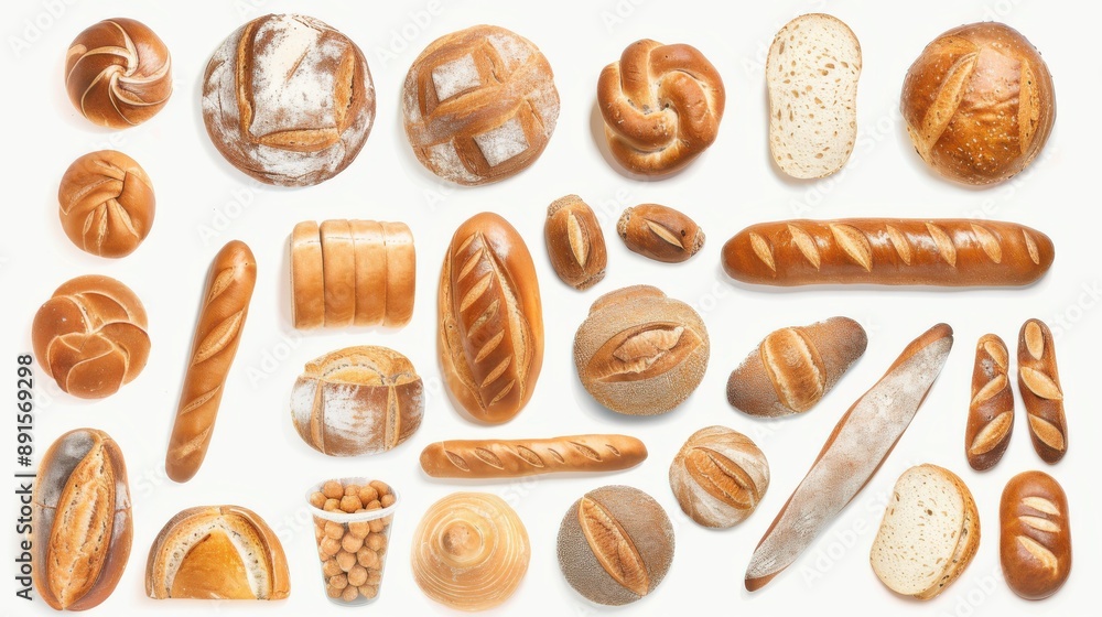 Bread roll bakery variety high angle panorama banner cutout on white Bread roll bakery variety high angle panorama banner cutout on white