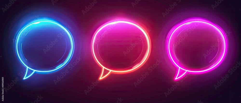 Three neon glowing speech bubbles in blue, red, and pink against a dark background, representing communication and conversation. Three neon glowing speech bubbles in blue, red, and pink against a dark background, representing communication and conversation.
