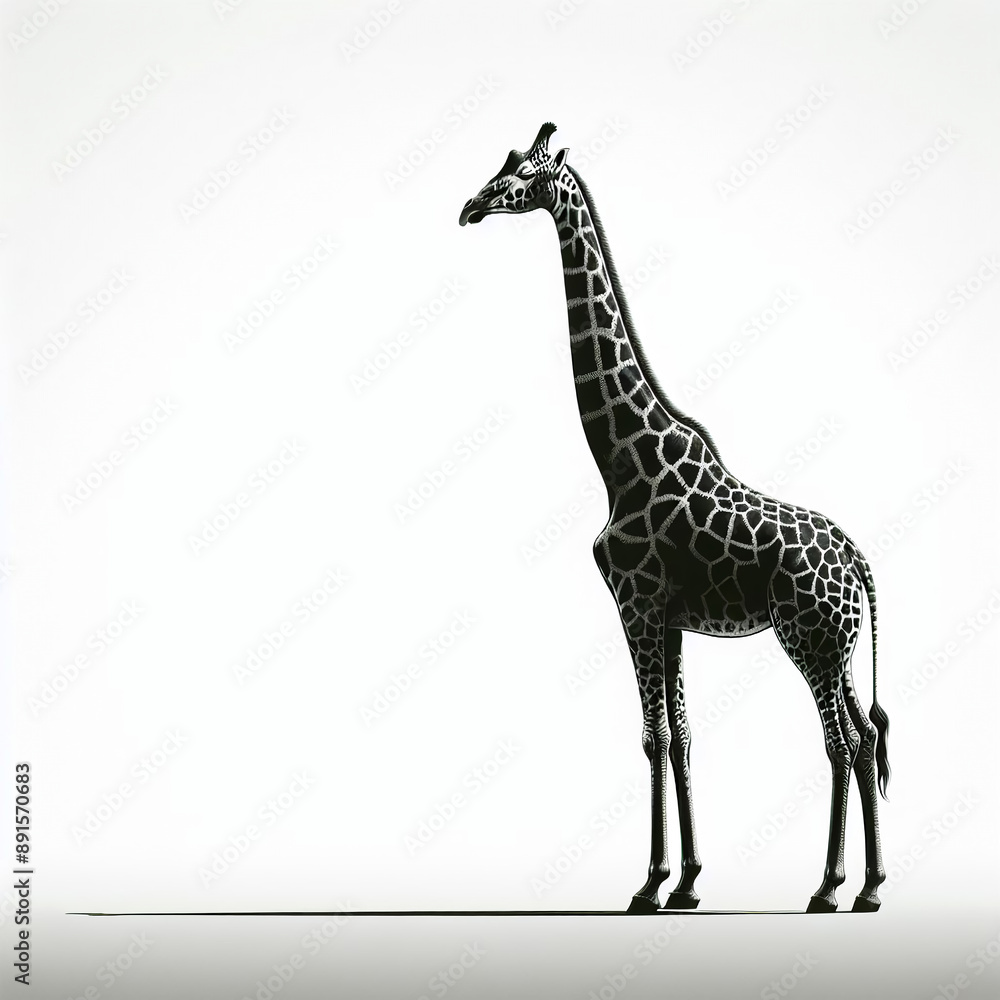 Obraz premium Elegant black and white portrait of a giraffe standing against a pure white isolated background, capturing the intricate patterns and noble posture of this majestic wildlife animal 