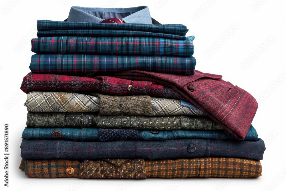 Stack of colorful folded men's plaid shirts in various patterns and colors, showcasing a stylish and neat arrangement. Stack of colorful folded men's plaid shirts in various patterns and colors, showcasing a stylish and neat arrangement.