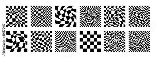 Distortion trendy checker board grid collections. Template of geometric square texture in vintage y2k style.
