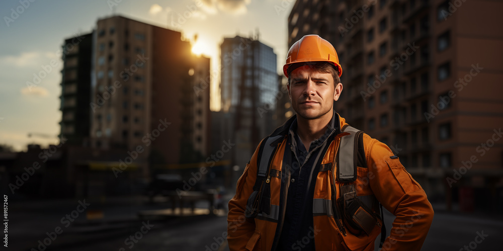 Labor Day, A handsome young engineer stands on the construction site of high-rise buildings Labor Day, A handsome young engineer stands on the construction site of high-rise buildings