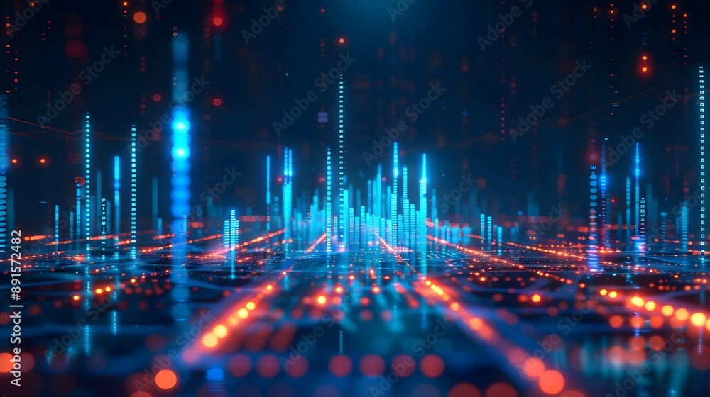 Fototapeta premium Futuristic Digital Cityscape Lights Technology Data Visualization. AI Generated