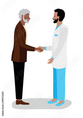 A happy elderly man shakes the doctor's hand and thanks him for the treatment. Thanks to the doctors and nurses. Vector illustration on a white background.