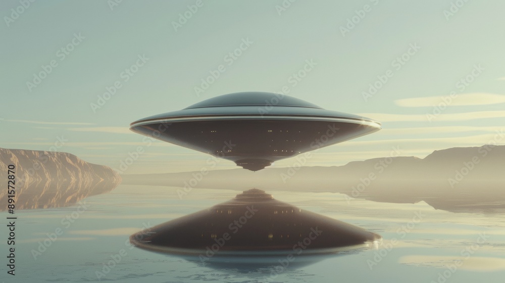 A large, alien shaped object is floating in the air above a body of water A large, alien shaped object is floating in the air above a body of water