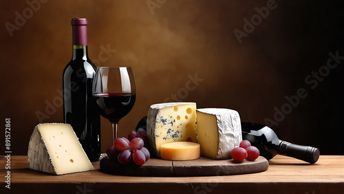 Creatively arranged wine and cheese with grapes