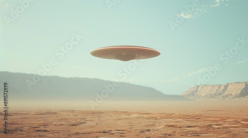 Fototapeta Naklejka Na Ścianę i Meble -  A large, red and silver alien spaceship is flying over a desert landscape