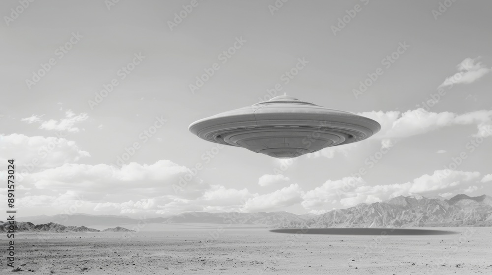 A large, alien shaped object is flying through the sky above a desert A large, alien shaped object is flying through the sky above a desert