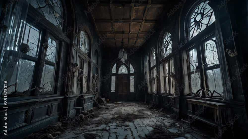 Explore the haunting interior of an abandoned gothic mansion featuring broken windows, decayed walls, and a long, eerie corridor, ideal for horror themes Explore the haunting interior of an abandoned gothic mansion featuring broken windows, decayed walls, and a long, eerie corridor, ideal for horror themes