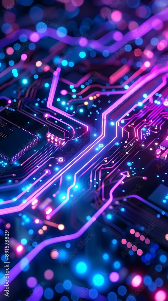 Futuristic Electronic Circuit Board Glowing Neon Lights Technology. AI Generated Futuristic Electronic Circuit Board Glowing Neon Lights Technology. AI Generated