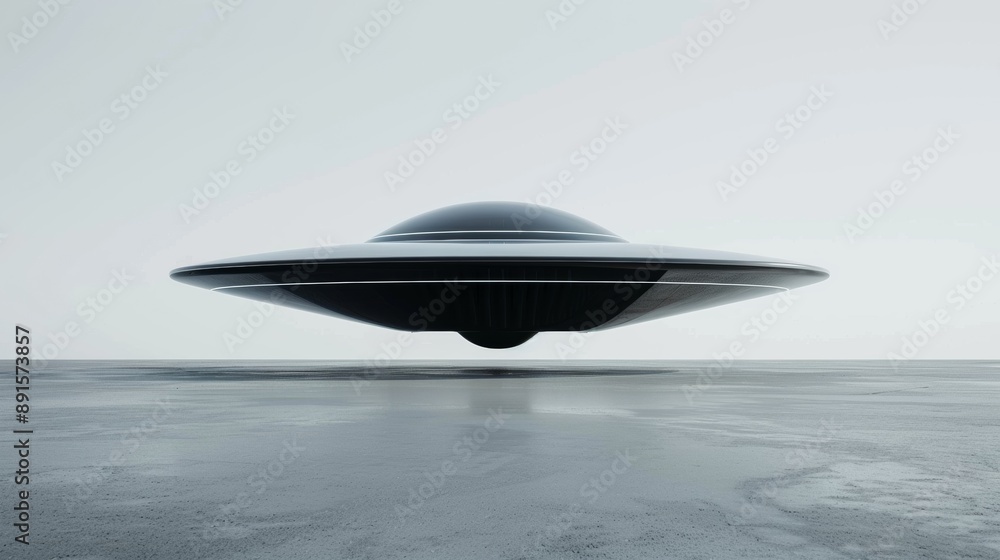 A large, black, UFO is flying over a desolate, icy landscape A large, black, UFO is flying over a desolate, icy landscape